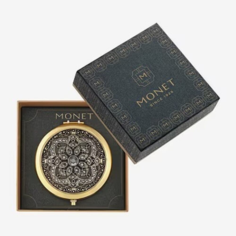 MONET Compact Mirror Gold Tone Rhinestone Filigree New in Box - Picture 5 of 5